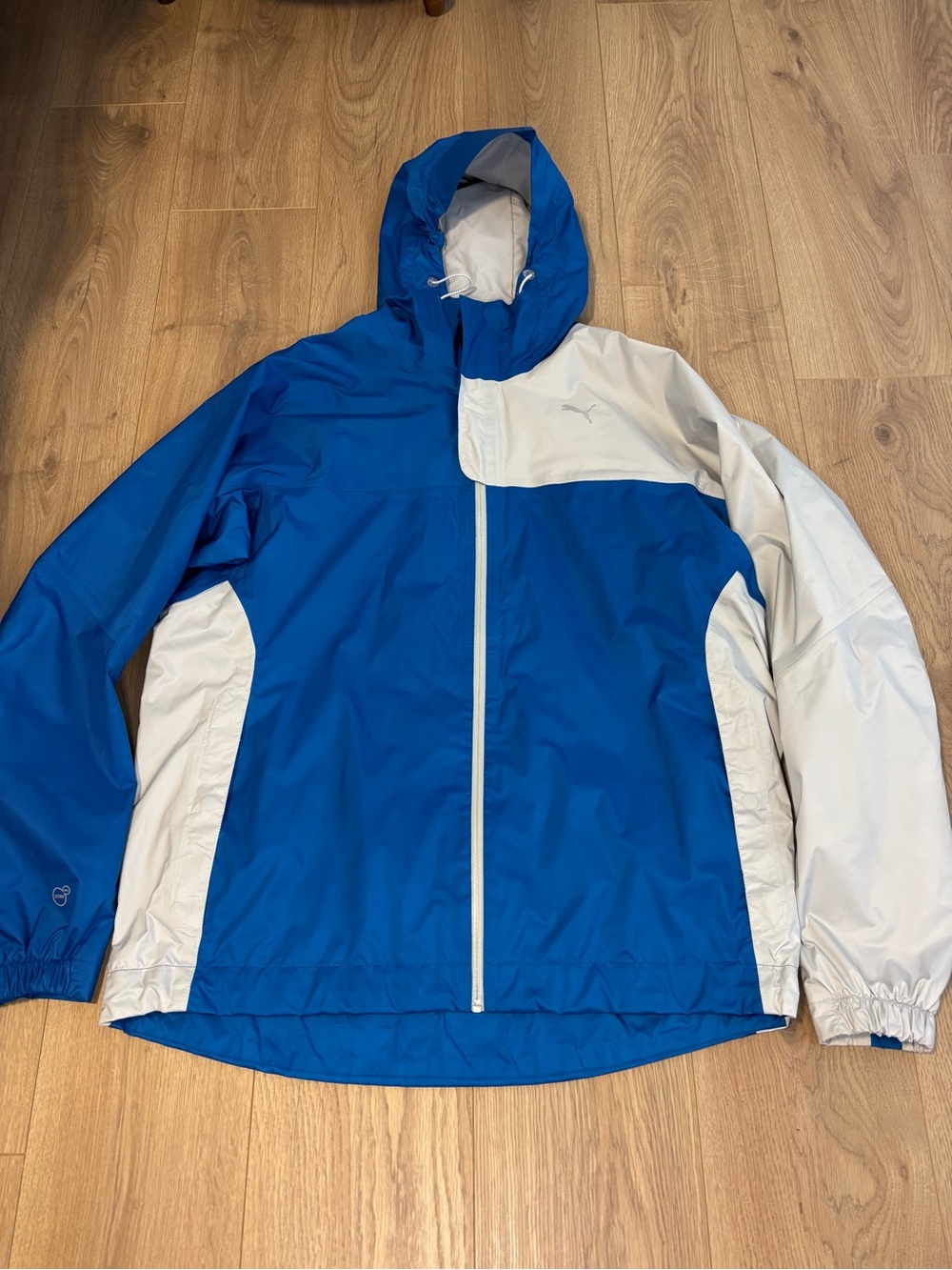 Puma Storm Cell EcoSphere Hooded Rain Jacket Blue White Men’s XL Waterproof